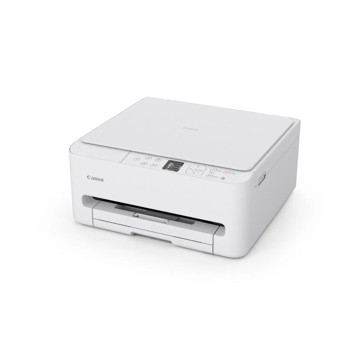 Side angled perspective of the Canon PIXMA TS5570 printer showing its low-profile chassis on white.