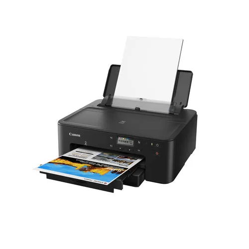 Canon PIXMA TS707A three-quarter view printing a photograph