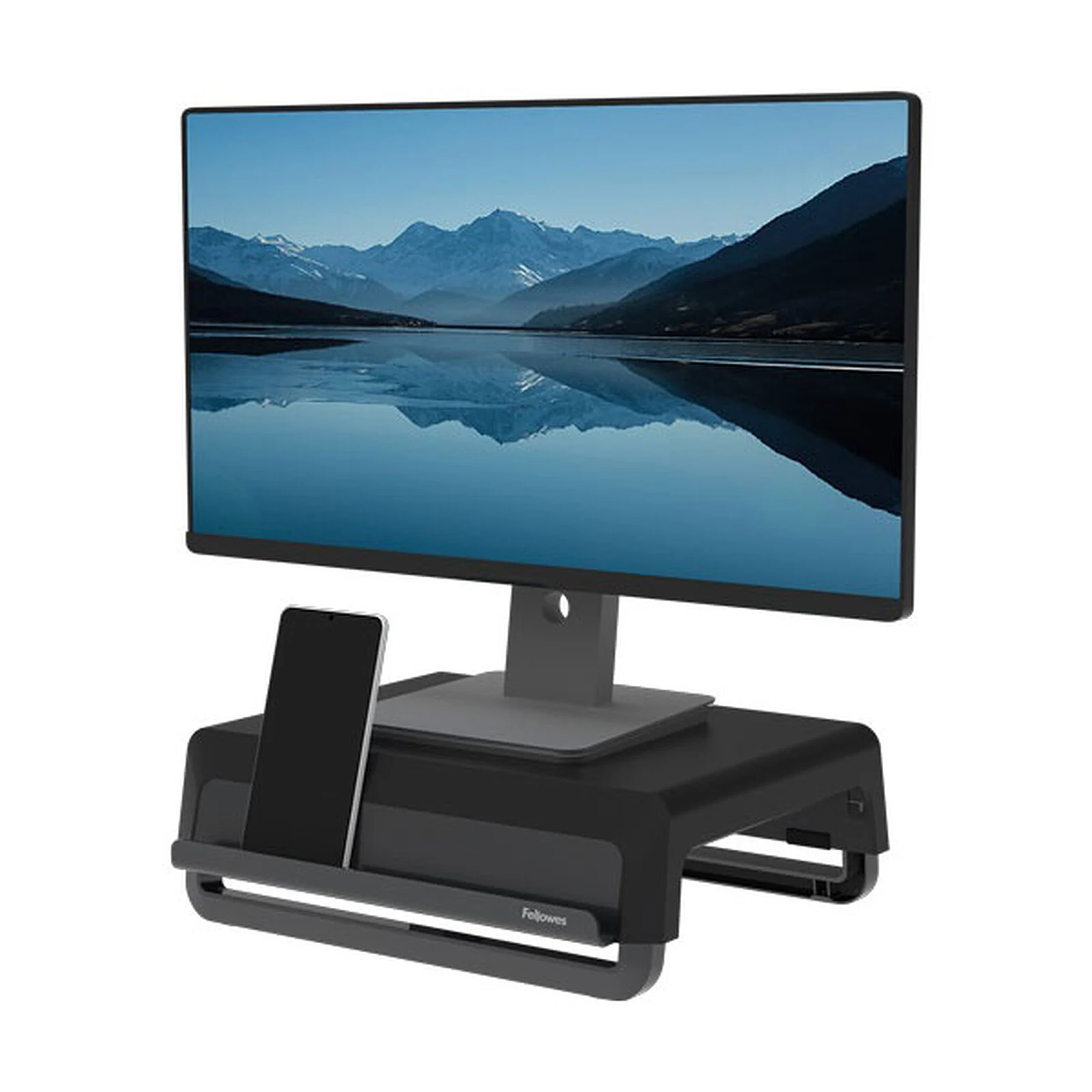 Fellowes 100016560 Breyta portable monitor stand in use with monitor and phone shown for illustration