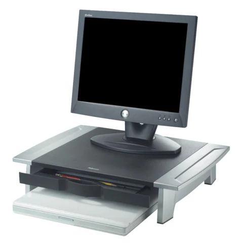 Fellowes 8031101 Office Suites standard monitor riser in use with monitor and laptop shown for illustration