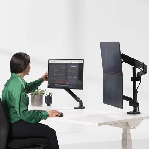 Dual-monitor workstation using the Fellowes Platinum Series dual stacking monitor arm