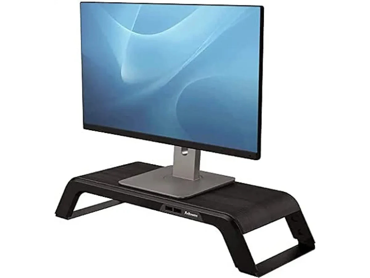 Fellowes 8060501 Hana black monitor support in use with monitor shown for illustration