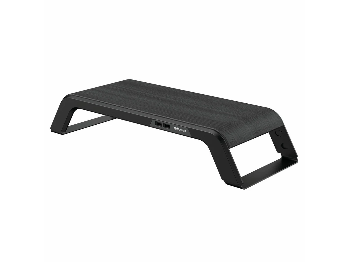 Fellowes 8060501 Hana black monitor support showing the wood veneer platform and USB ports