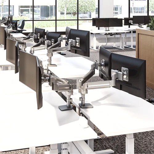 Office workstations using Fellowes Tallo Compact dual monitor arms