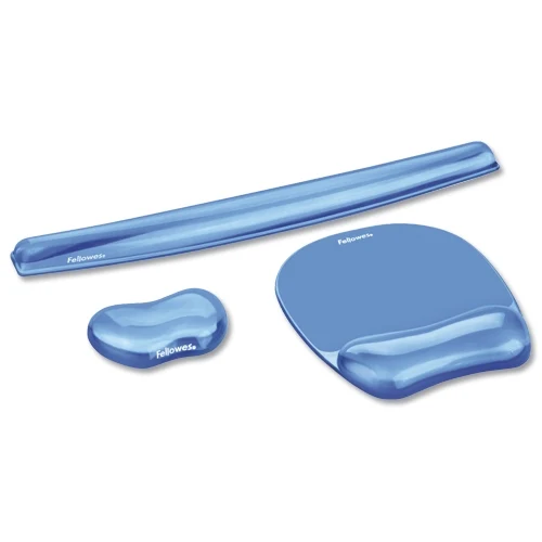 Fellowes Crystal Gel Keyboard Wrist Rest 91137 in blue shown with matching Crystal gel wrist-rest variants