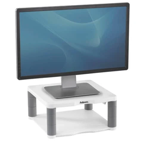 Fellowes 91717 Premium platinum monitor riser in a raised configuration with monitor shown for illustration