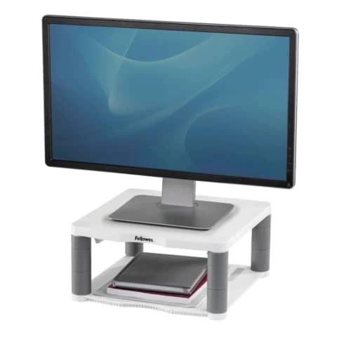 Fellowes 91717 Premium platinum monitor riser showing the lower storage shelf with monitor shown for illustration