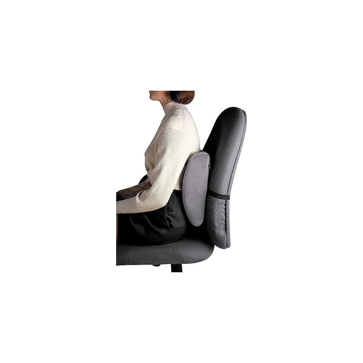 Side view of Fellowes High Profile Back Support 91905 supporting a seated user