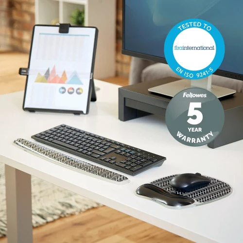 Fellowes 9653401 Chevron Photo Gel mouse pad wrist rest shown in use at a workstation