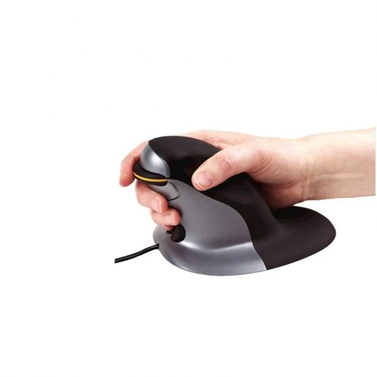 Hand using Fellowes Penguin wired medium vertical mouse