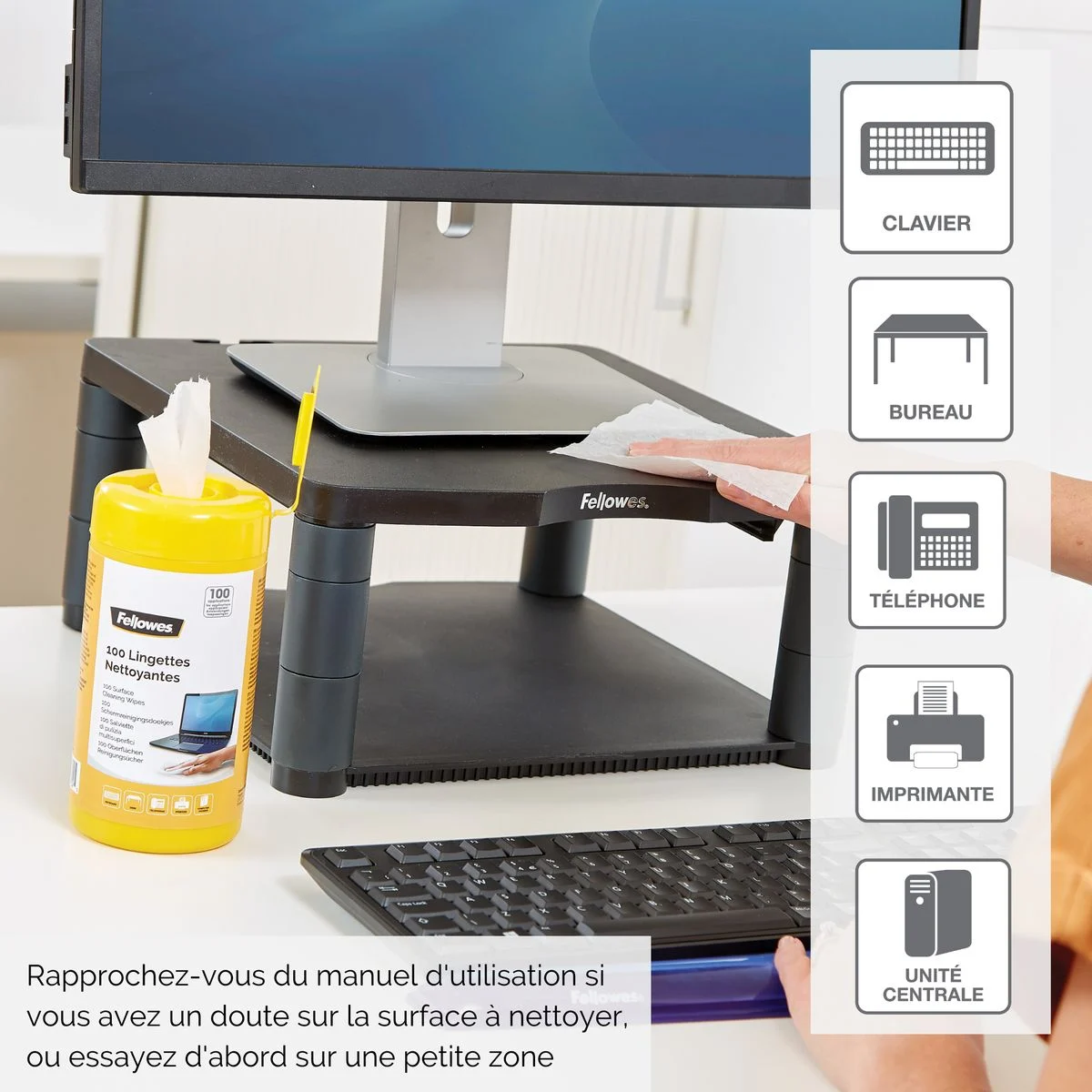 Fellowes 99715 surface cleaning wipe used on a workstation surface