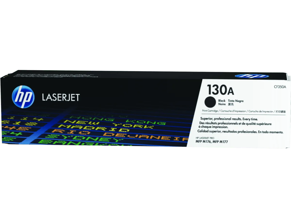 HP 130A Black Original LaserJet Toner Cartridge CF350A for compatible laser printers.