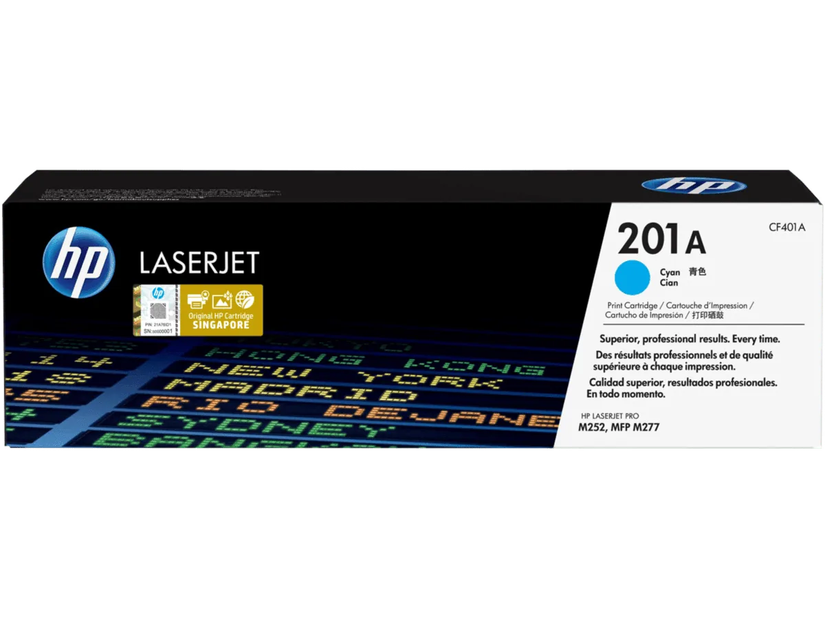 HP 201A Cyan Original LaserJet Toner Cartridge CF401A cyan toner cartridge.