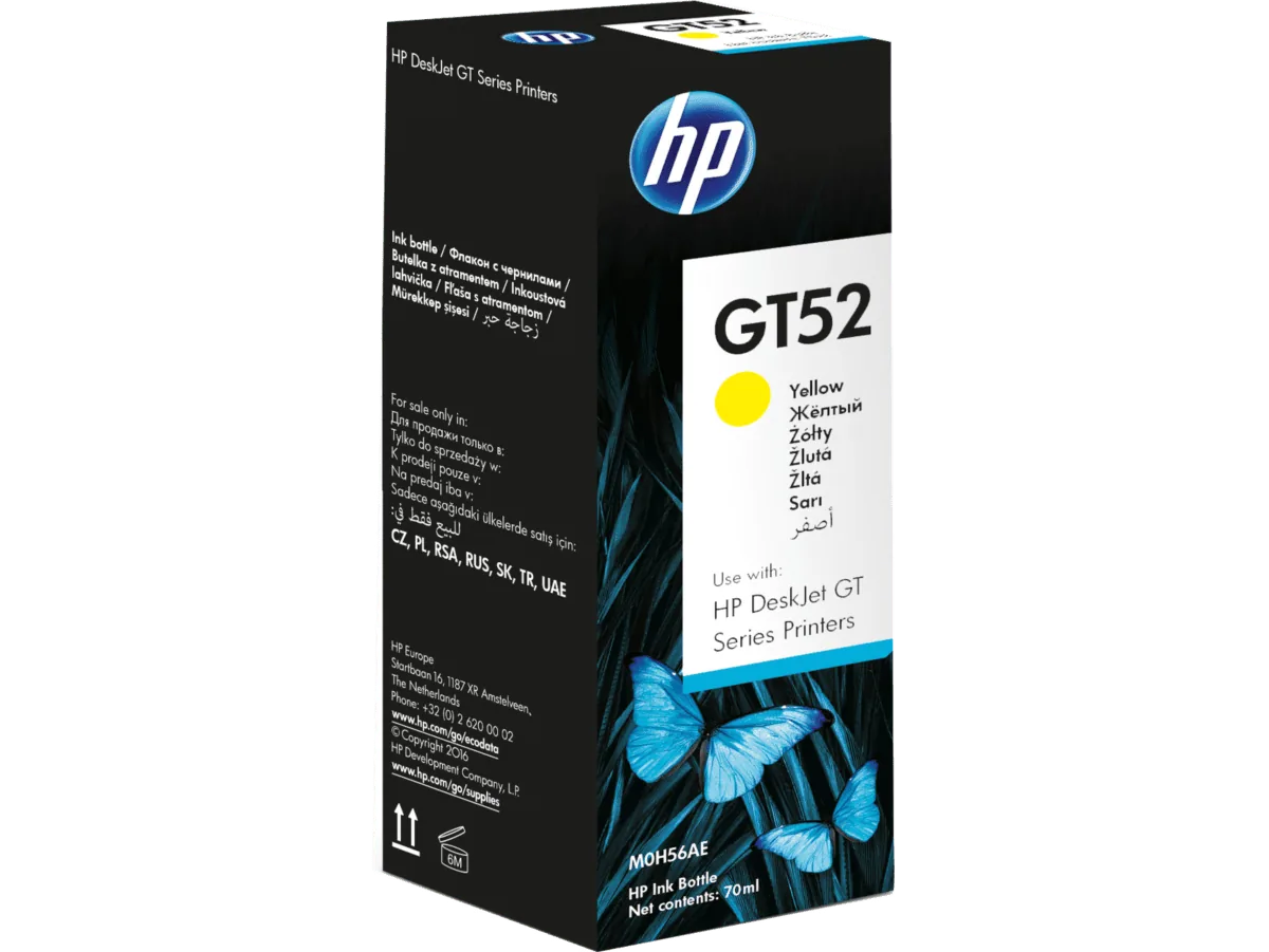 HP GT52 70-ml Yellow Original Ink Bottle in its retail box