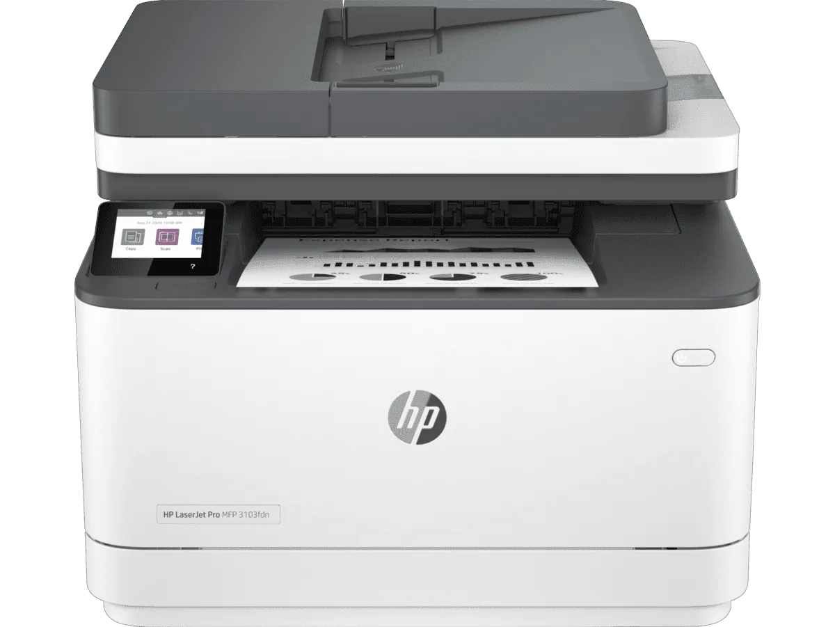 Primary shot of the HP LaserJet Pro MFP 3103fdn Printer showing output and input trays.