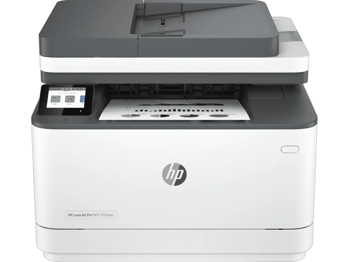 HP LaserJet Pro MFP 3103fdw Printer primary view displaying the touch screen and document feeder