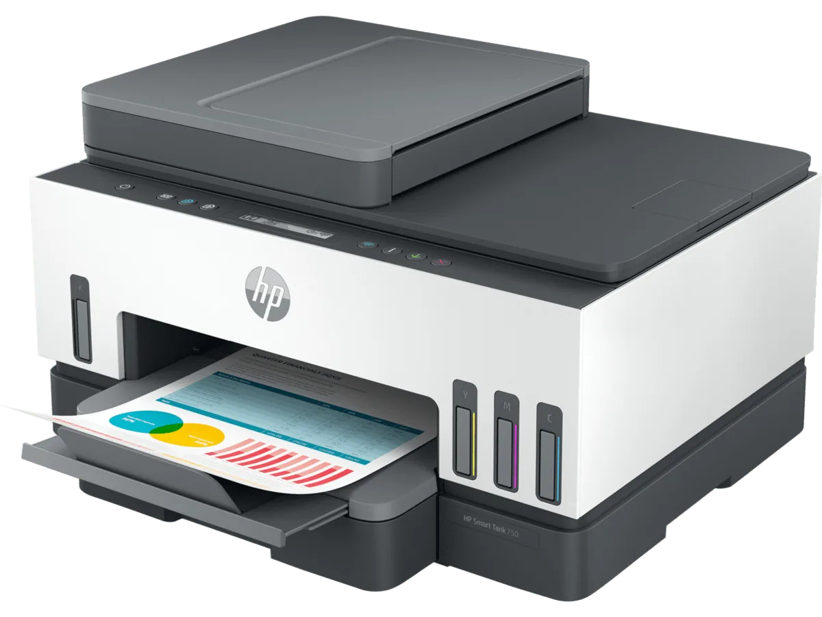 HP Smart Tank 750 All-in-One side view showing the exterior profile of the printer