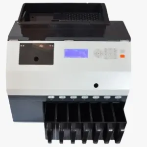 Primus PRC-60 coin sorter front view with hopper, display and sorting outlets