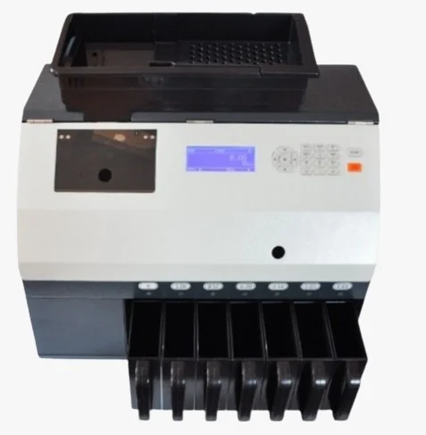 Primus PRC-60 coin sorter front view with hopper, display and sorting outlets