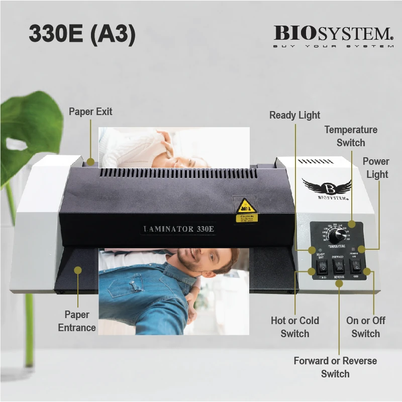 Biosystem 330E A3 laminator with labelled switches and a pouch passing through
