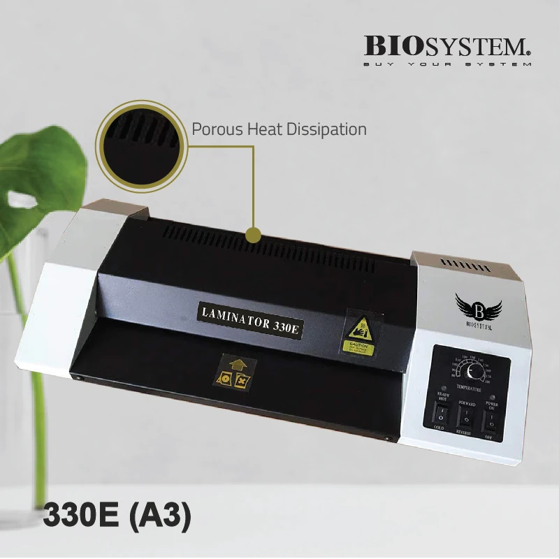 Biosystem 330E A3 laminator angled view showing top vents and right controls