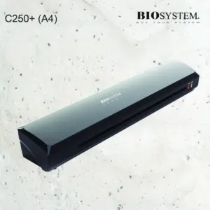 Biosystem C250+ A4 laminator angled view showing the pouch entry and indicator lights
