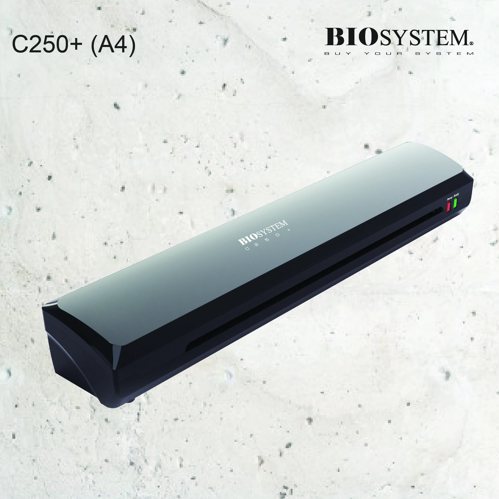Biosystem C250+ A4 laminator angled view showing the pouch entry and indicator lights