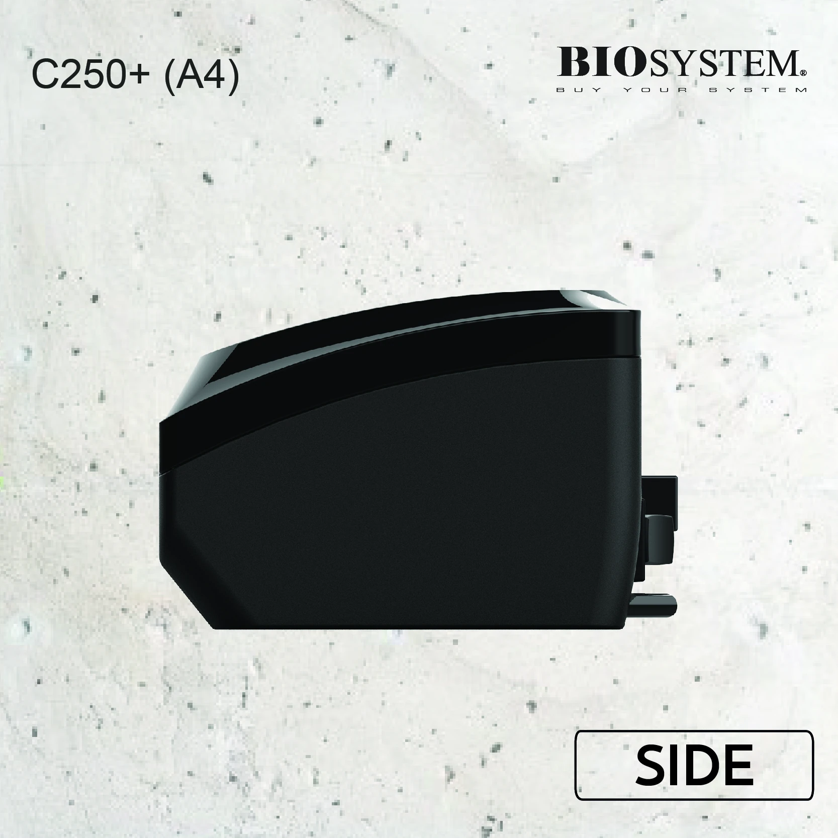 Biosystem C250+ A4 laminator side view showing the end of the laminator housing