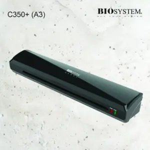 Biosystem C350+ A3 laminator angled view showing the pouch entry and indicator lights