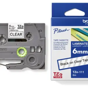 Brother TZe-111 6mm Black on Clear Laminated Tape — tape cassette and box