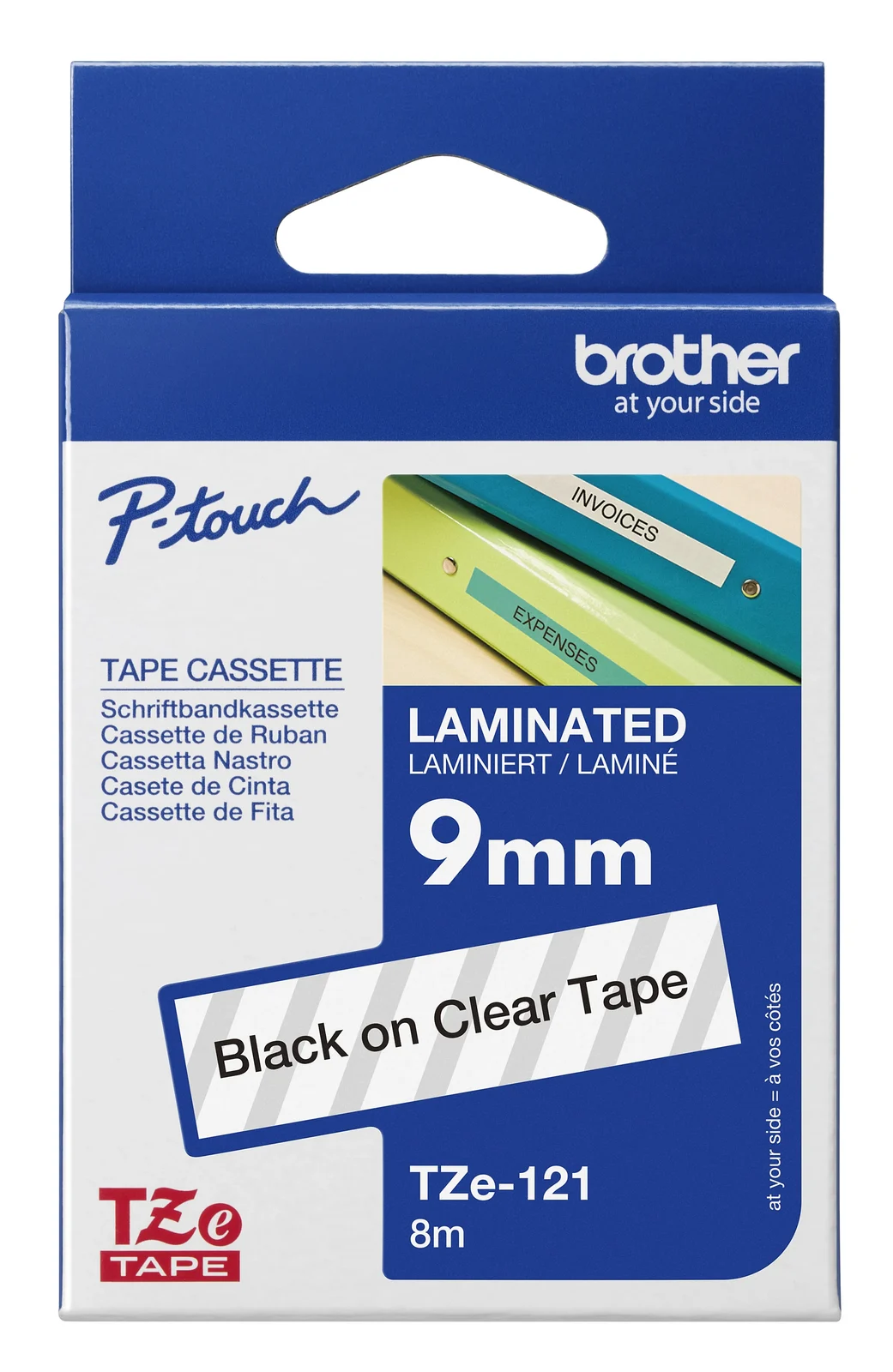 Brother TZe-121 9mm Black on Clear Laminated Tape — box front