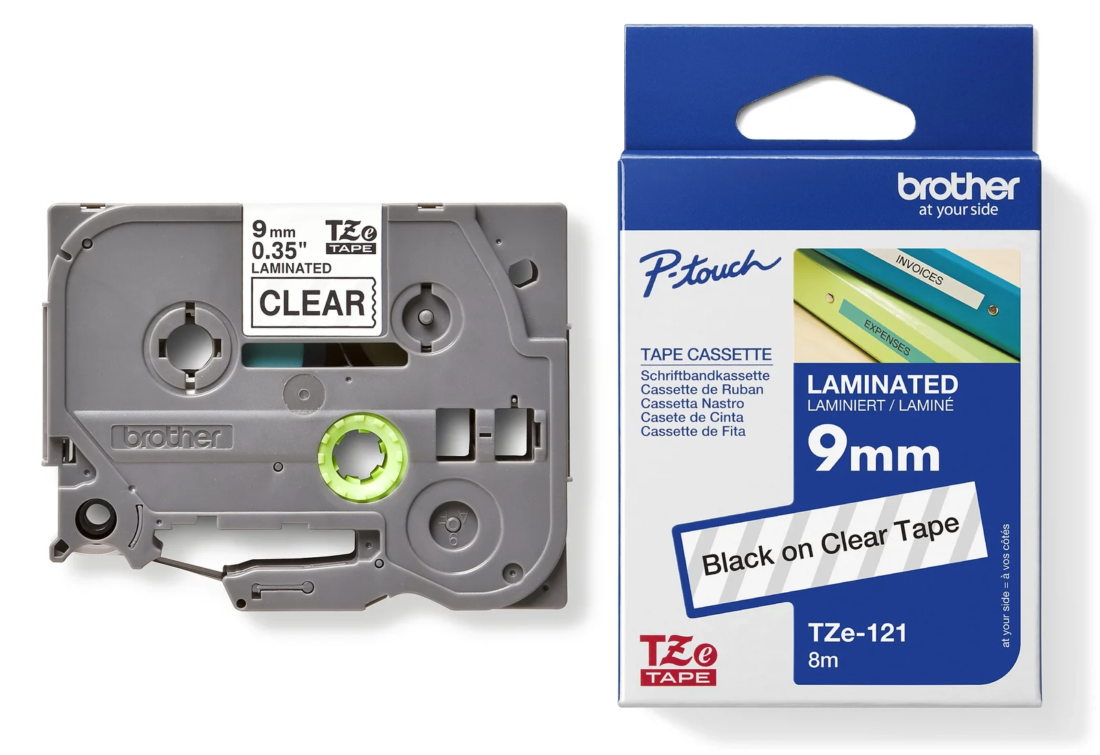 Brother TZe-121 9mm Black on Clear Laminated Tape — tape cassette and box