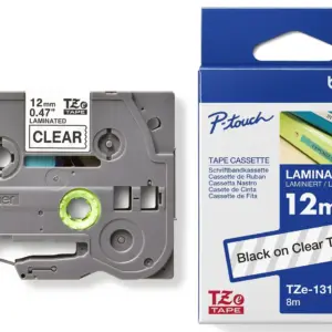 Brother TZe-131 12mm Black on Clear Laminated Tape — tape cassette and box