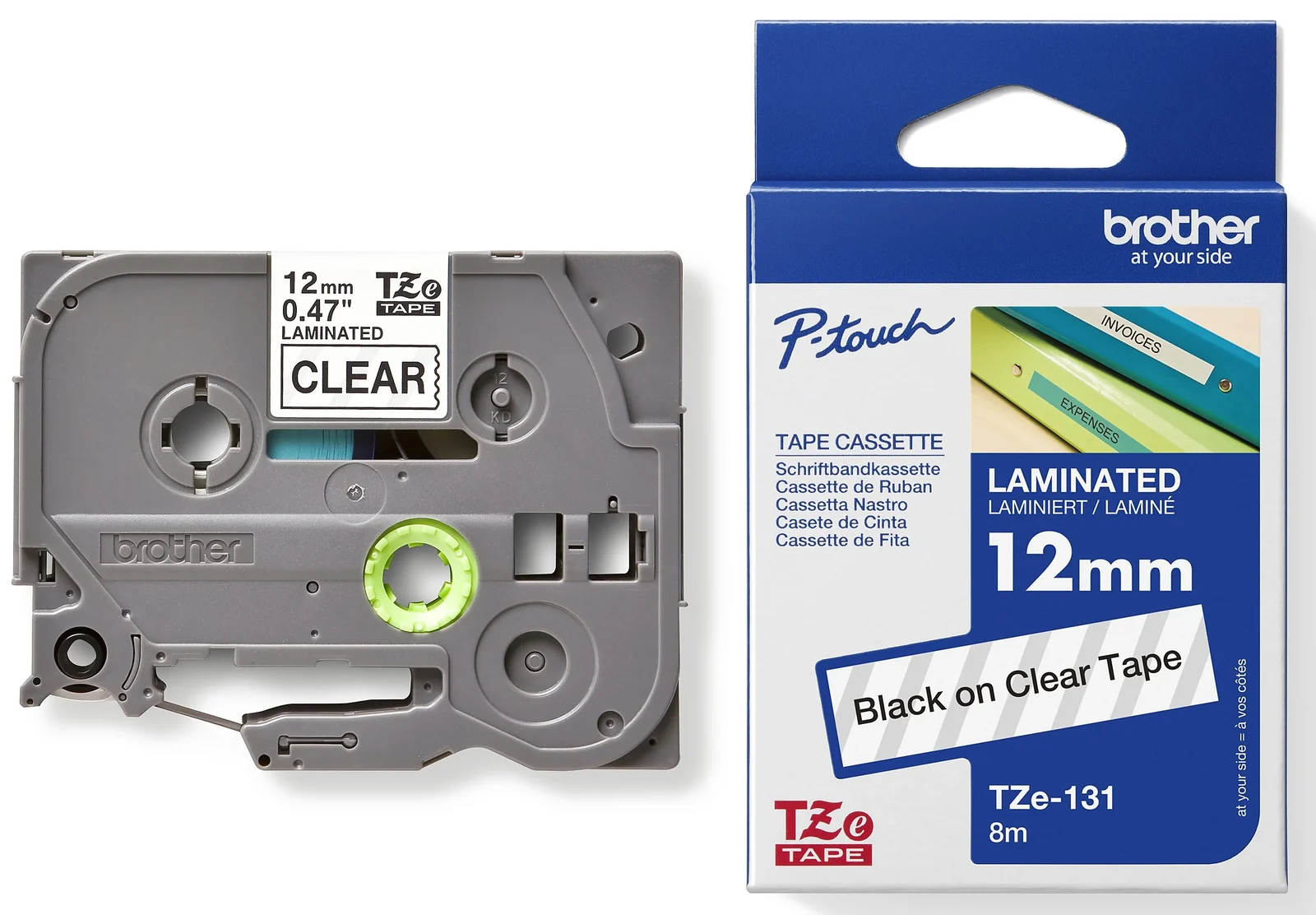 Brother TZe-131 12mm Black on Clear Laminated Tape — tape cassette and box