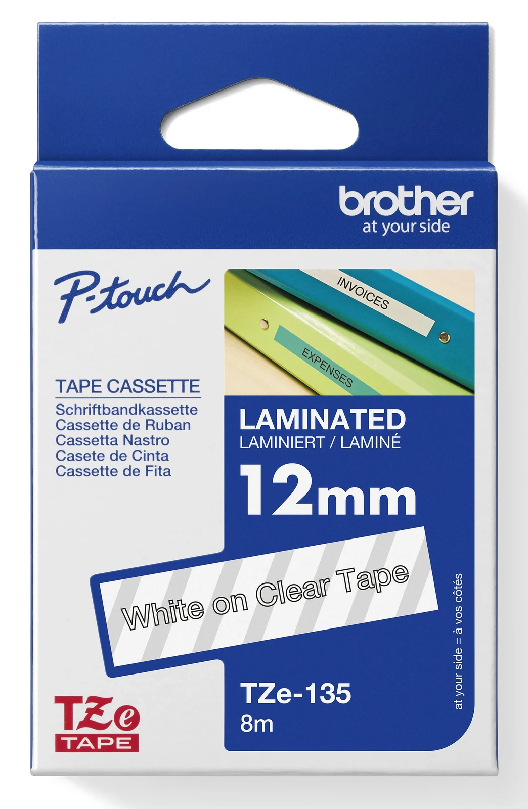 Brother TZe-135 12mm White on Clear Laminated Tape — box front