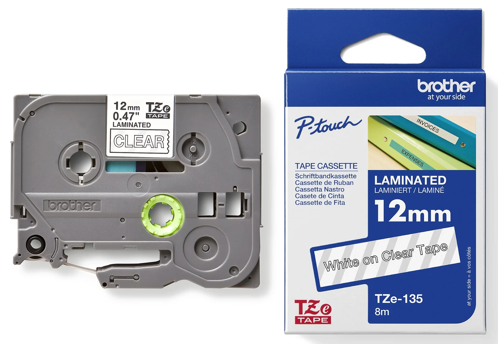 Brother TZe-135 12mm White on Clear Laminated Tape — tape cassette and box