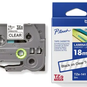 Brother TZe-141 18mm Black on Clear Laminated Tape — tape cassette and box