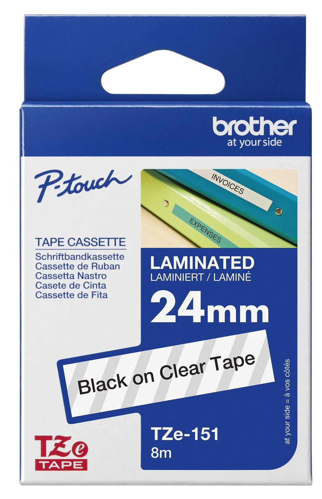 Brother TZe-151 24mm Black on Clear Laminated Tape — box front