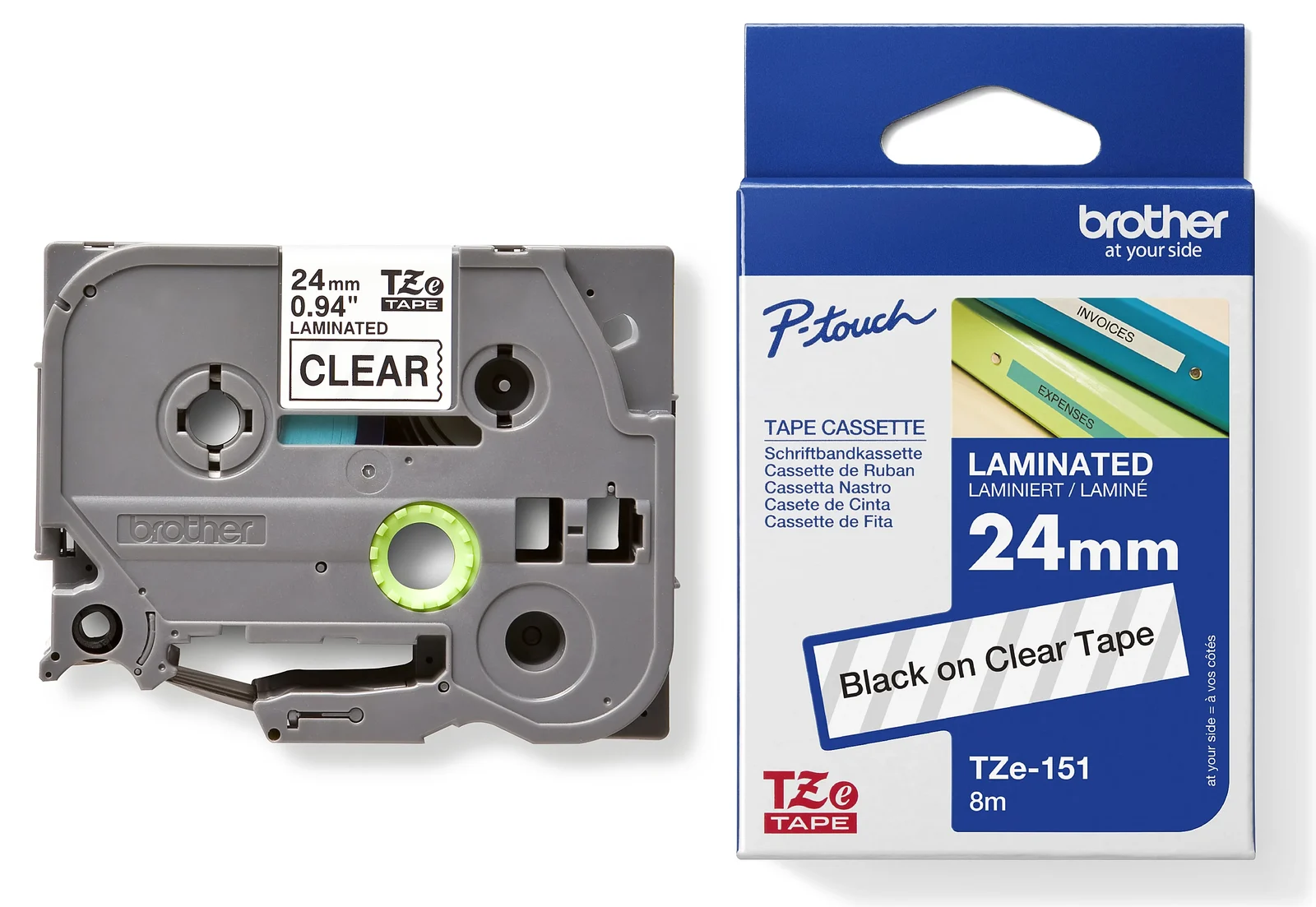 Brother TZe-151 24mm Black on Clear Laminated Tape — tape cassette and box