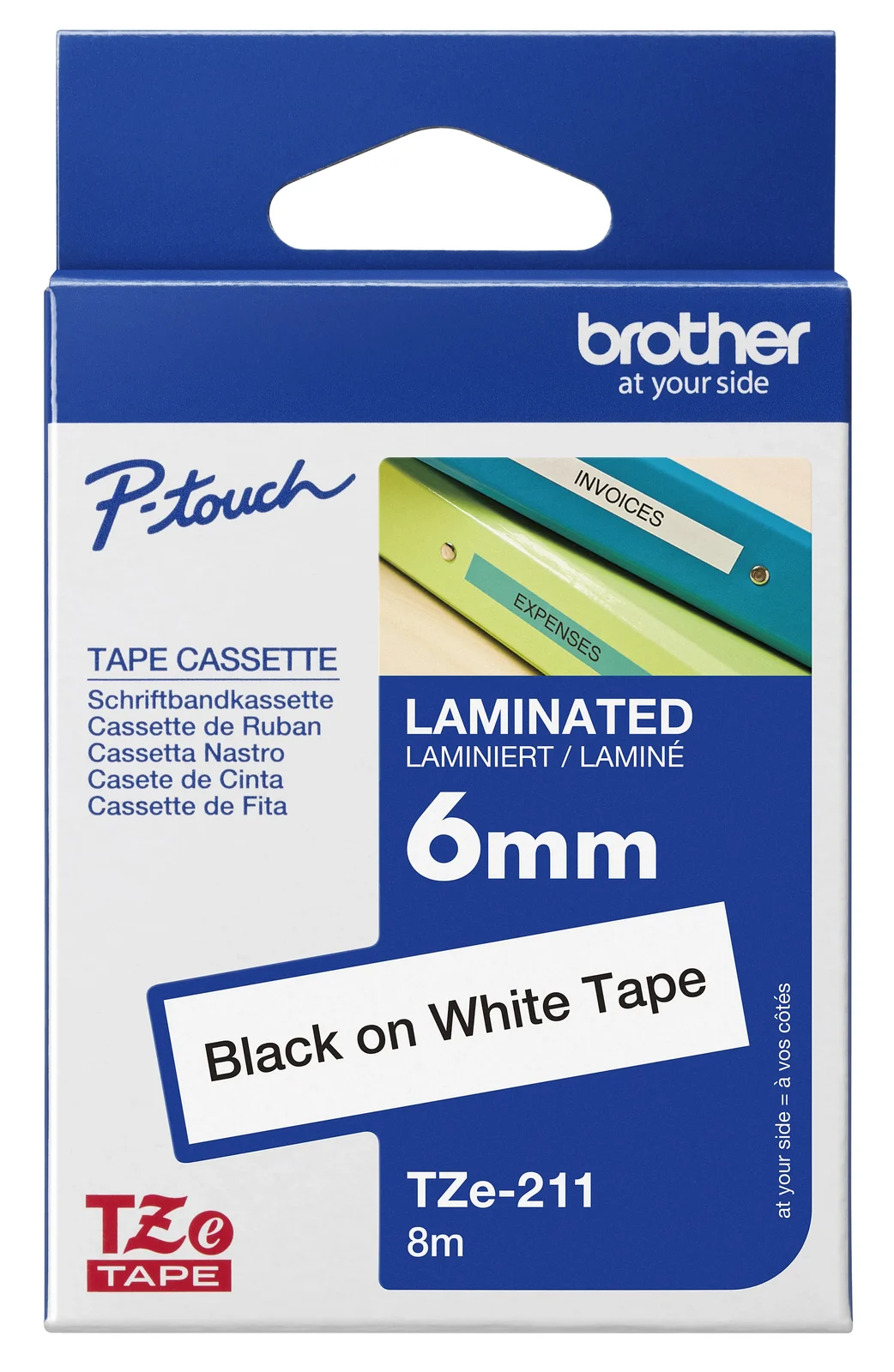 Brother TZe-211 6mm Black on White Laminated Tape — box front