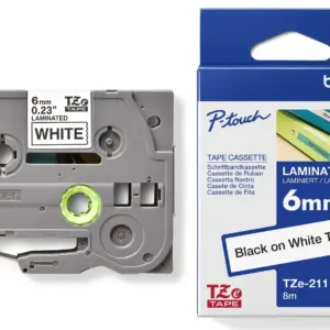 Brother TZe-211 6mm Black on White Laminated Tape — tape cassette and box