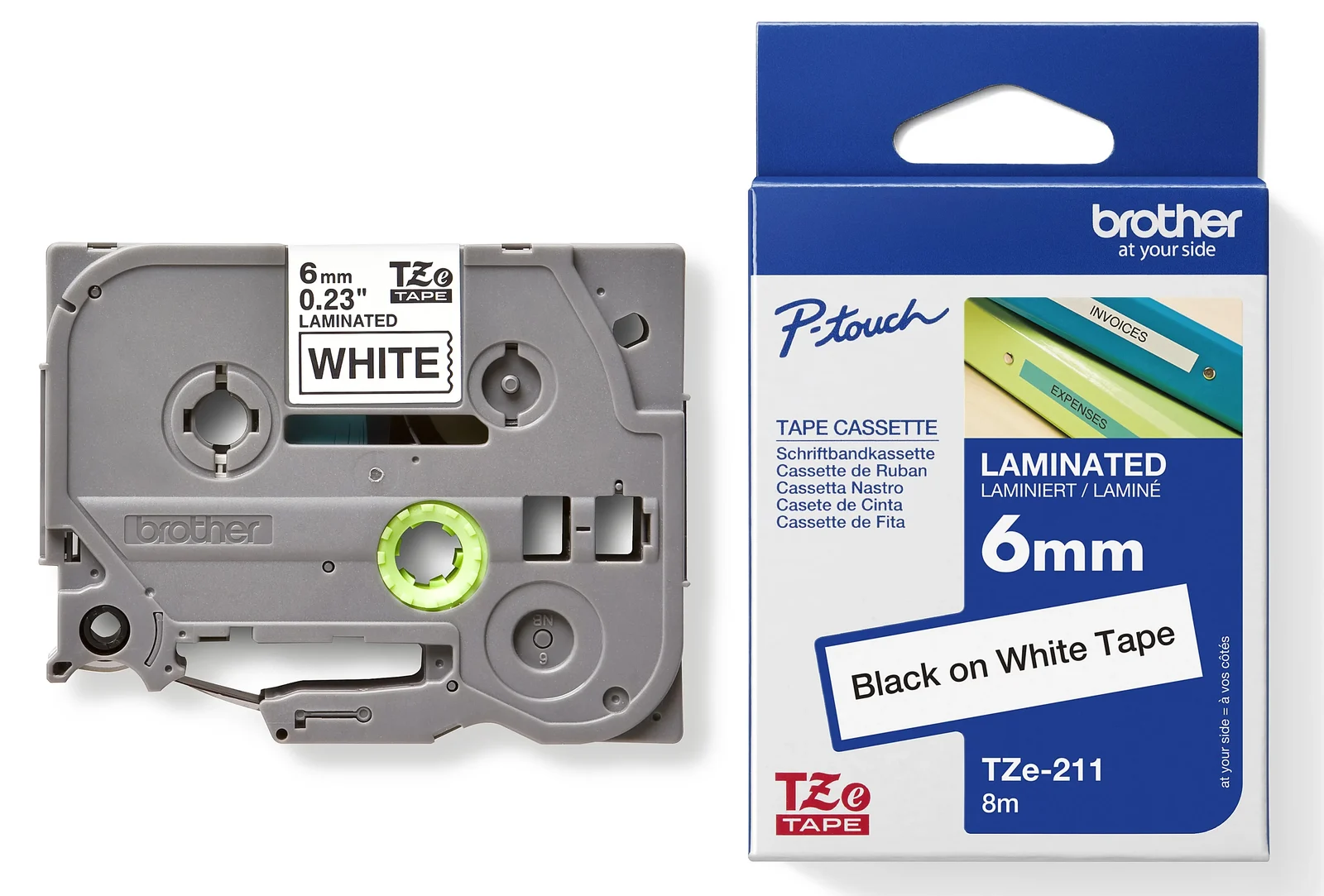 Brother TZe-211 6mm Black on White Laminated Tape — tape cassette and box
