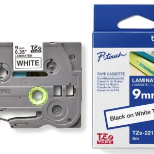Brother TZe-221 9mm Black on White Laminated Tape — tape cassette and box