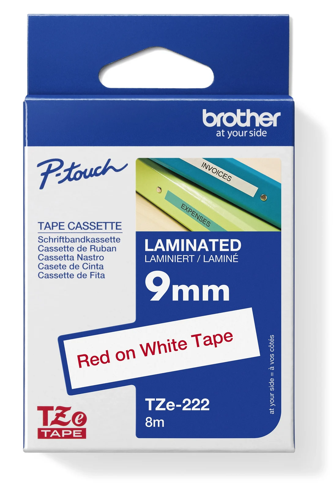 Brother TZe-222 9mm Red on White Laminated Tape — box front