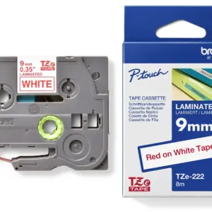 Brother TZe-222 9mm Red on White Laminated Tape — tape cassette and box
