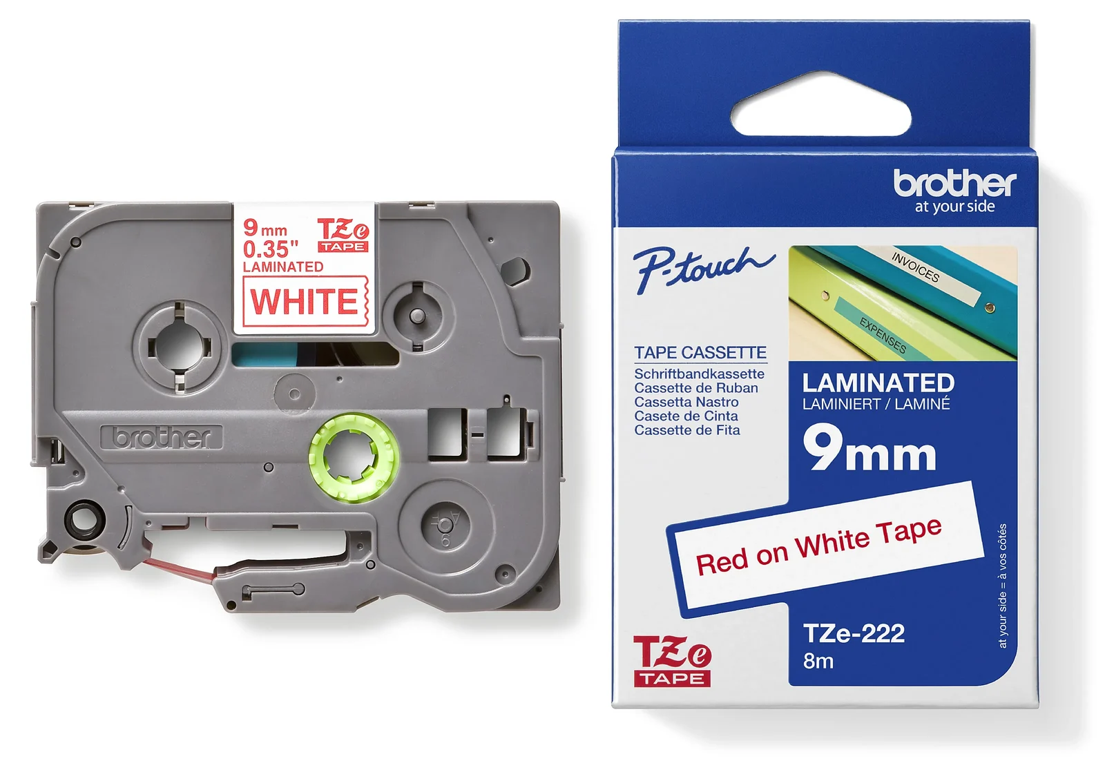 Brother TZe-222 9mm Red on White Laminated Tape — tape cassette and box