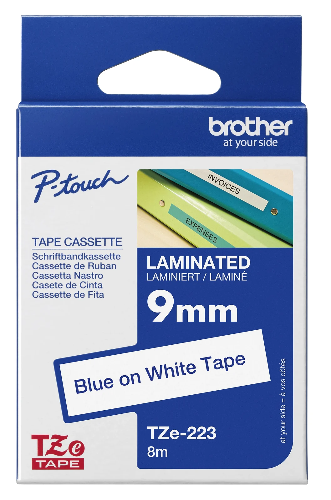 Brother TZe-223 9mm Blue on White Laminated Tape — box front