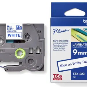 Brother TZe-223 9mm Blue on White Laminated Tape — tape cassette and box