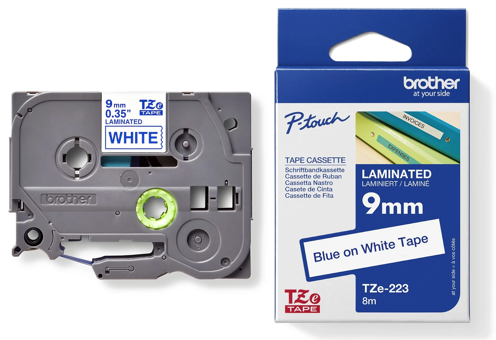Brother TZe-223 9mm Blue on White Laminated Tape — tape cassette and box