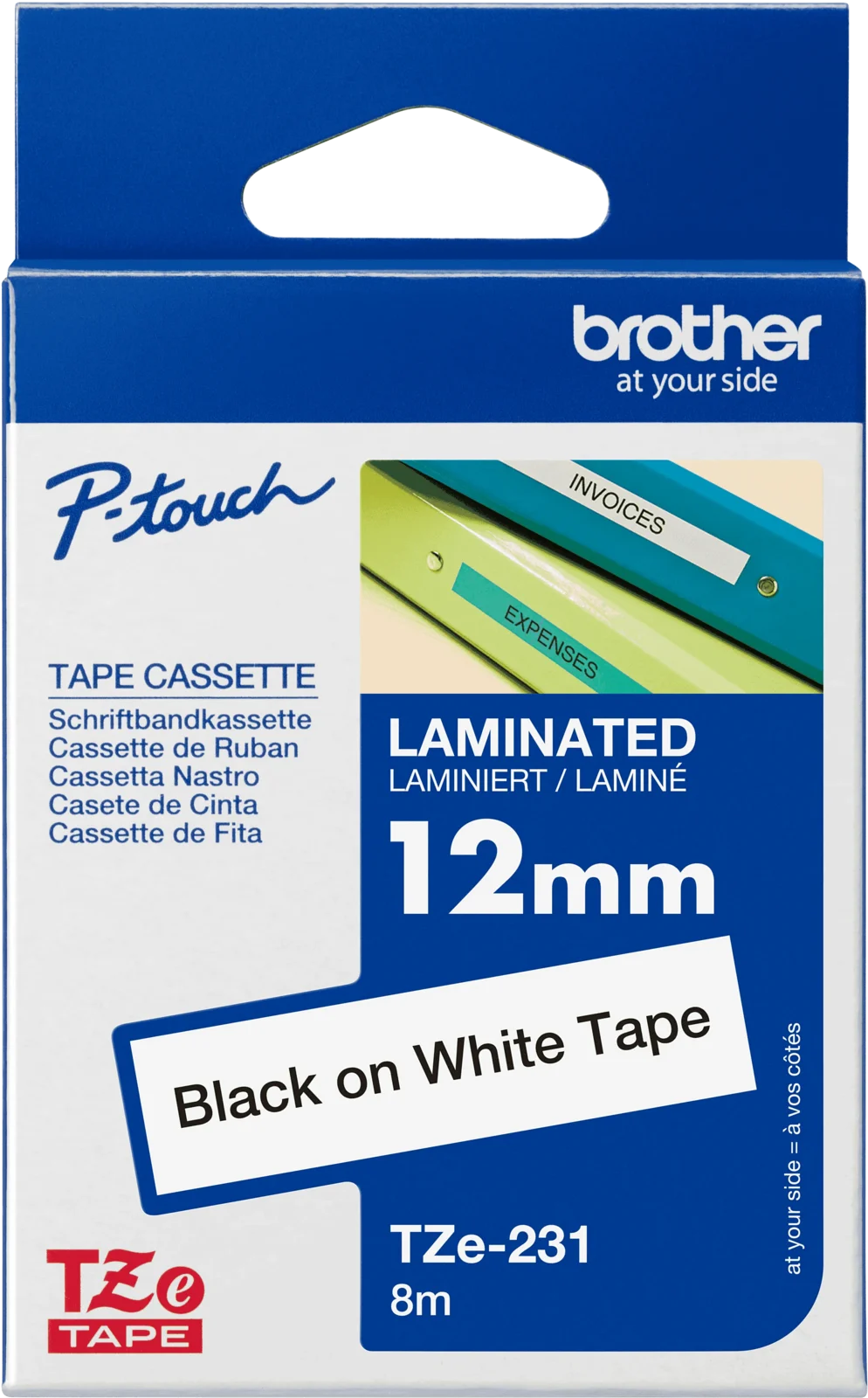Brother TZe-231 12mm Black on White Laminated Tape — box front